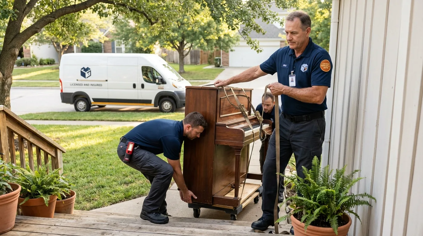 Licensed piano movers securing grand piano in Parkston, SD