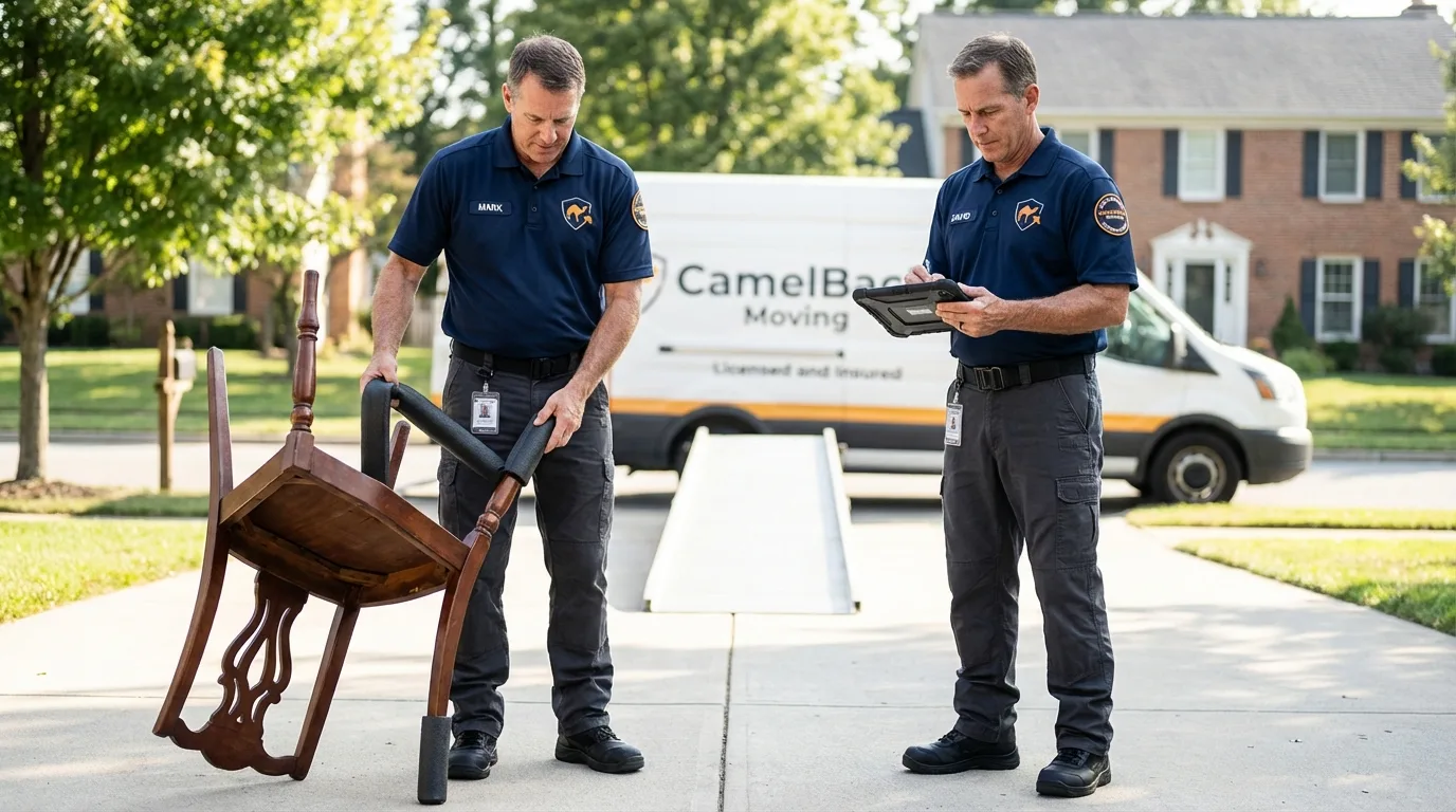 Movers inspecting furniture for damage prevention before loading in Parkston, SD
